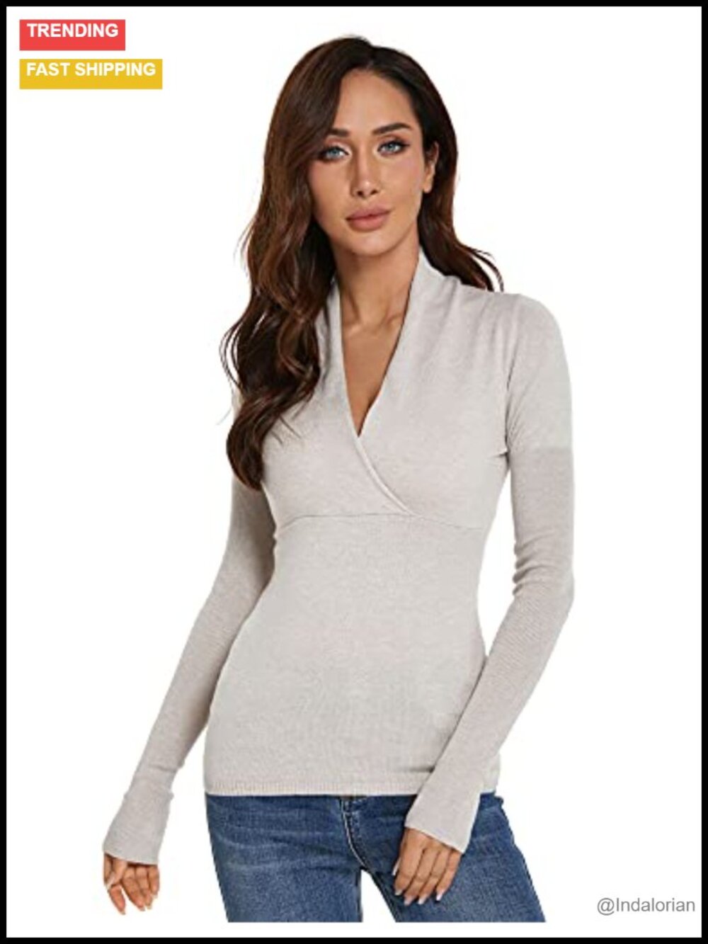 Deep V Neck Wrap Knit Sweater Long Sleeve Slim Fit Pullover